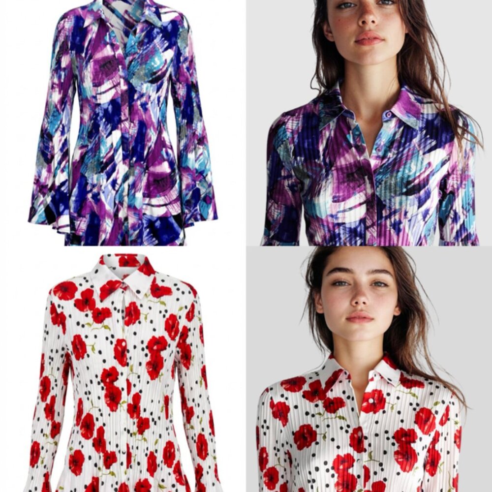 Sunny Leigh & Halley Mathews Blouse 1X+XL Pleated Ruffle V-Neck Bell Sleeve(#52